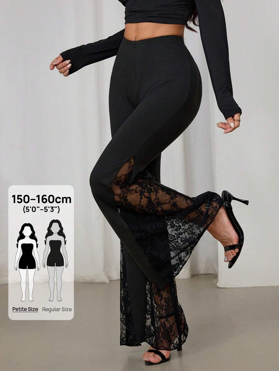 SHEIN PETITE بنطال نسائي بلون موحد بخصر مطاطي وتصميم دانتيل واسع - الأسود - مشاهدة 1