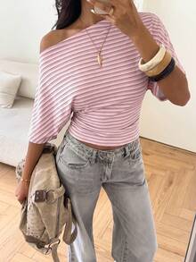 Aloruh Top holgado con hombro asimétrico y cintura fruncida, camiseta básica de rayas simple - Rosa - Ver 6