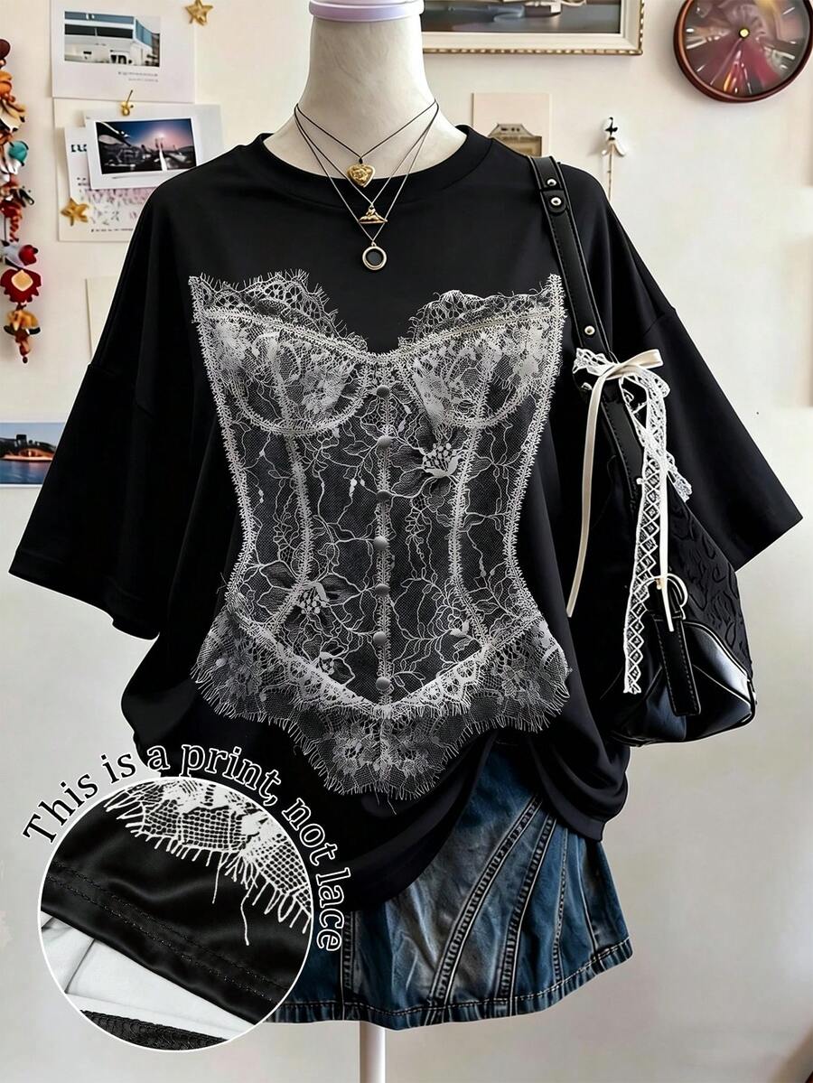 Lalippa Women's Digital Print Lace Pattern Oversized Mid-Length Round Neck Drop Shoulder T-Shirt - Black - View 1