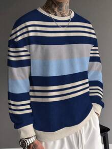 Gym Rark Retro Multi-Tone Horizontal Stripe Men Pullover Sweatshirt, Waffle Knit Textured Navy Blue Light Blue Grey Cream Contrast Stripes, Loose Drop Shoulder - Multicolor - View 1