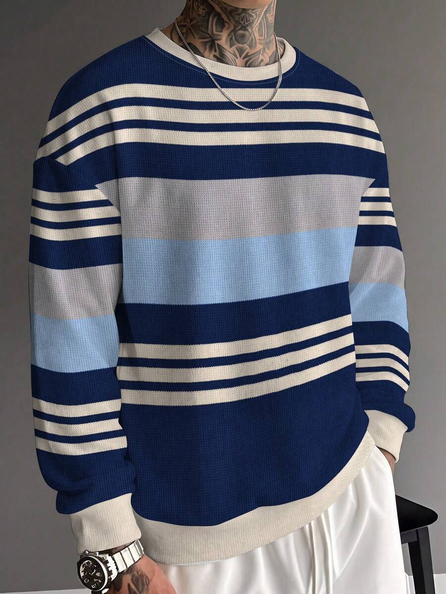 Gym Rark Retro Multi-Tone Horizontal Stripe Men Pullover Sweatshirt, Waffle Knit Textured Navy Blue Light Blue Grey Cream Contrast Stripes, Loose Drop Shoulder - Multicolor - View 1