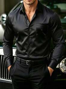Manfinity Mode Shirt Features A Classic Black Satin Sheen, Perfectly Embodying The Understated - Black - View 3