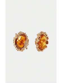 Noxbound Bohemian Casual Vacation Wind Metal Texture Inlaid Tortoiseshell Asymmetric Oval Resin Stud Earrings - Gold - View 4