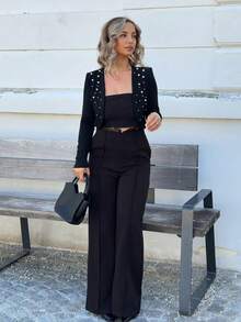 Jeta Ari Pearls Beaded Open Front Crop Jacket Without Cami Top In Fall/Winter Black - Black - View 6