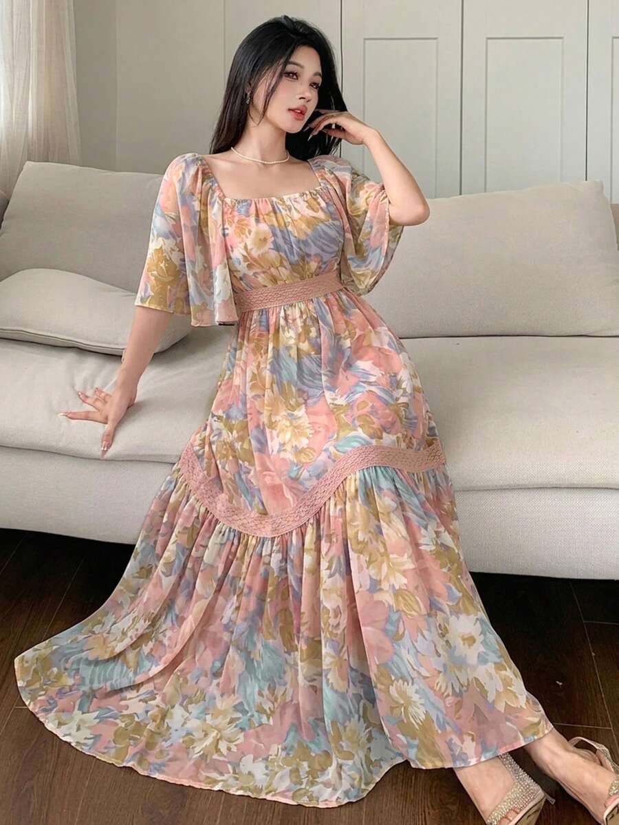 DAZY 女款對比色蕾絲滿版花卉印花中長洋裝 度假太陽裙 夏季輕薄女裝 - 淺粉色 - 查看 1