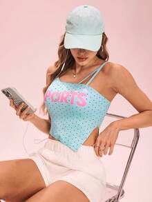 SHEIN Sovereign Charm Women's Polka Dot & Letter Print Asymmetrical Sports Camisole - Mint Green - View 7
