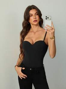 SHEIN Tall 女款黑色緊身束腰連身衣，基礎休閒夏季夜生活上衣，時尚貼身胸衣，適合夜店、約會、聖誕與新年穿著，適合高個女性 - 黑色 - 查看 5
