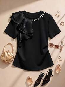 Formidée Camiseta de talla grande con incrustaciones de strass, patchwork de malla, cuello redondo, cintura ceñida, ajuste slim, top de primavera - Negro - Ver 1