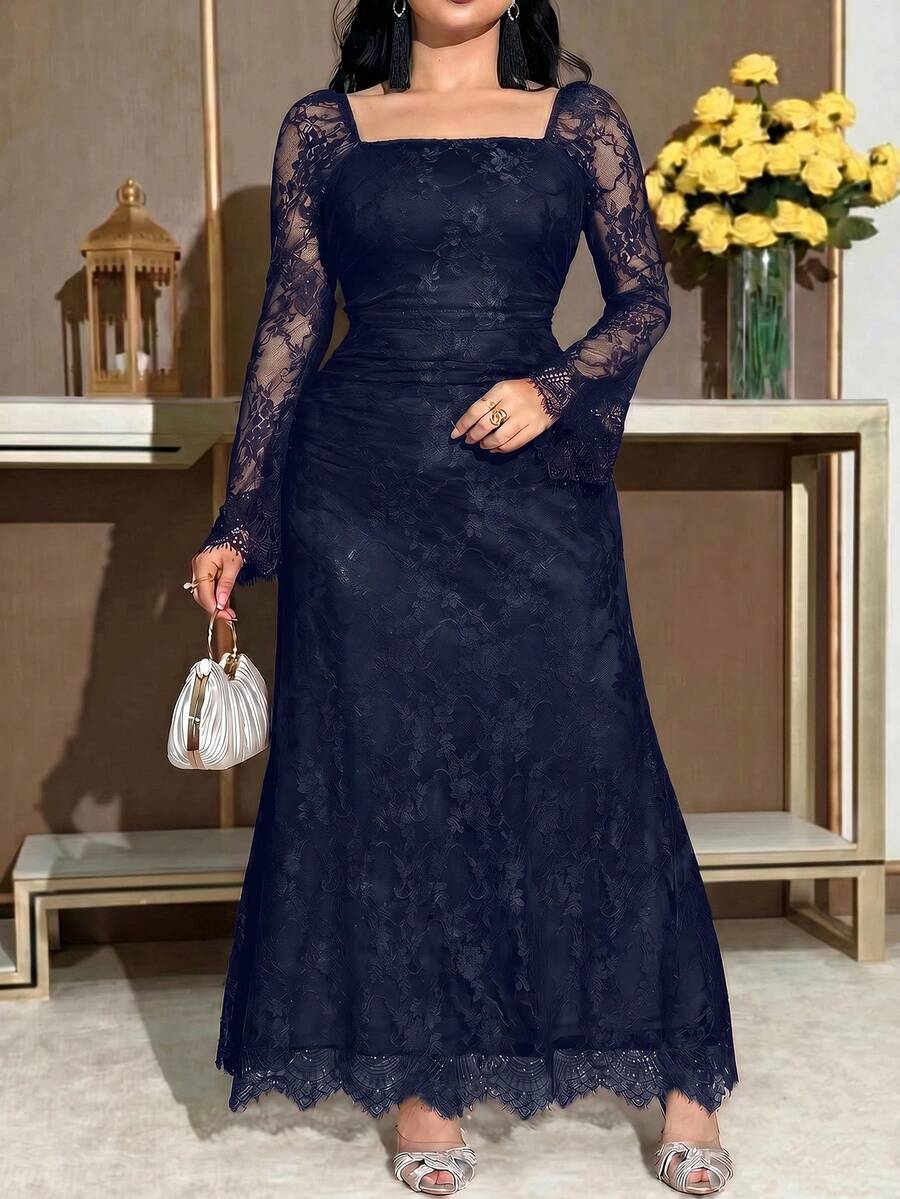 Feyla Plus Size Elegant Party Solid Color Lace Dress - Navy Blue - View 1
