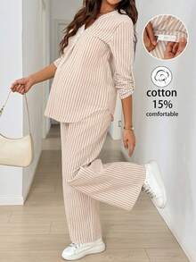 SHEIN Ensemble 2 pièces de maternité avec chemise à rayures à demi-patte boutonnée et pantalon long à taille ajustable pour l'automne - Nude - Voir 2