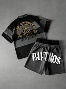 PAVTROS 男士美式學院風徽章刺繡T恤短褲兩件套，POLO領半袖，2合1運動休閒套裝，黑色炭灰色，夏季 - 深灰色 - 查看 2