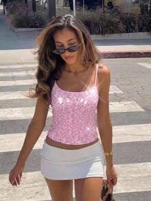 Aloruh Fresh Lake Blue Sequin Tank Top, Versatile For Vacation - Pink - View 6
