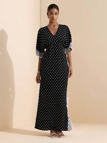 Balvessa French Vintage Style Polka Dot V-Neck Lace Patchwork Split Maxi Dress - Black - View 6