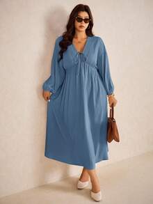 Elaquor Plus Size Autumn Casual Solid Color Dress Fall - Dusty Blue - View 8