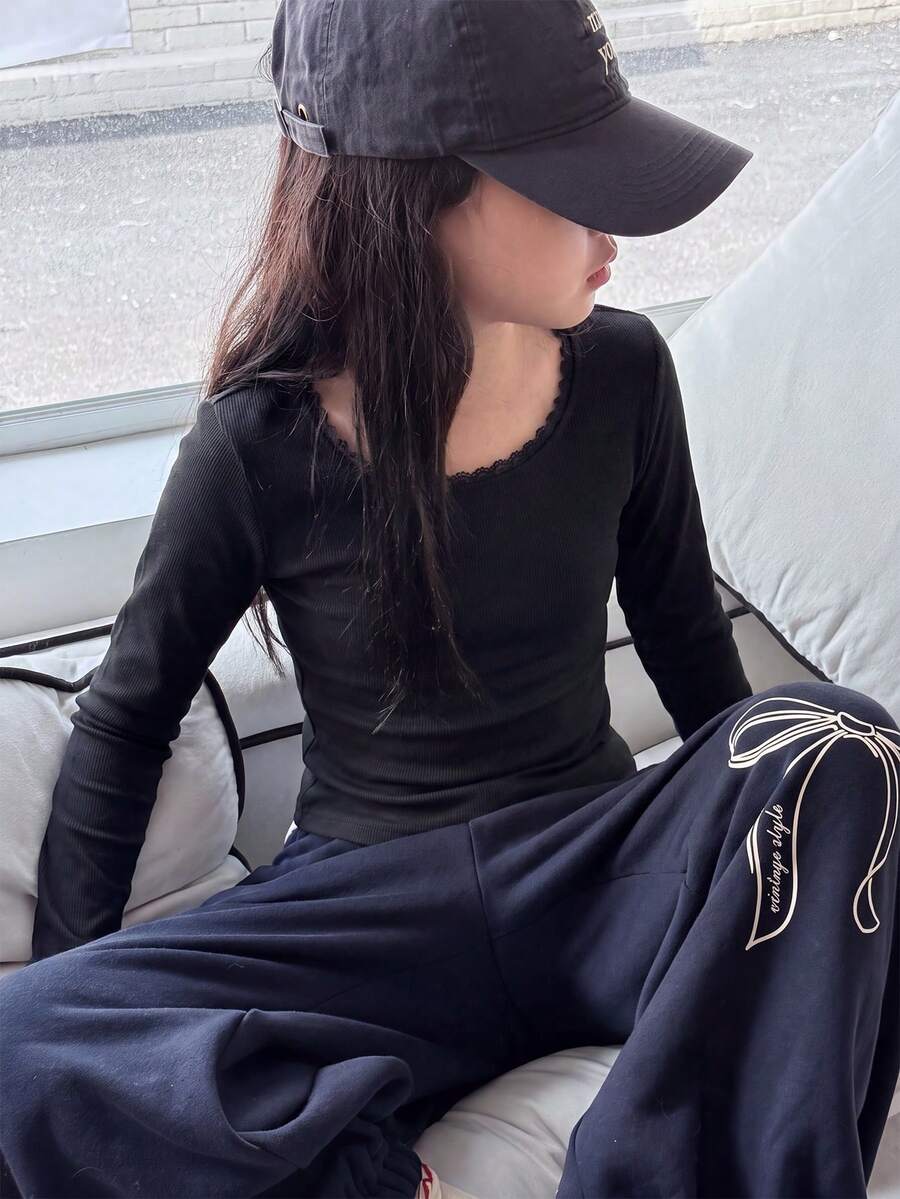 SHEIN 青少年女孩羅紋圓領彈性修身百搭簡約長袖T恤,舒適穿著 - 黑色 - 查看 1
