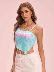 SHEIN Sovereign Charm Women's Polka Dot & Letter Print Asymmetrical Sports Camisole - Mint Green - View 3