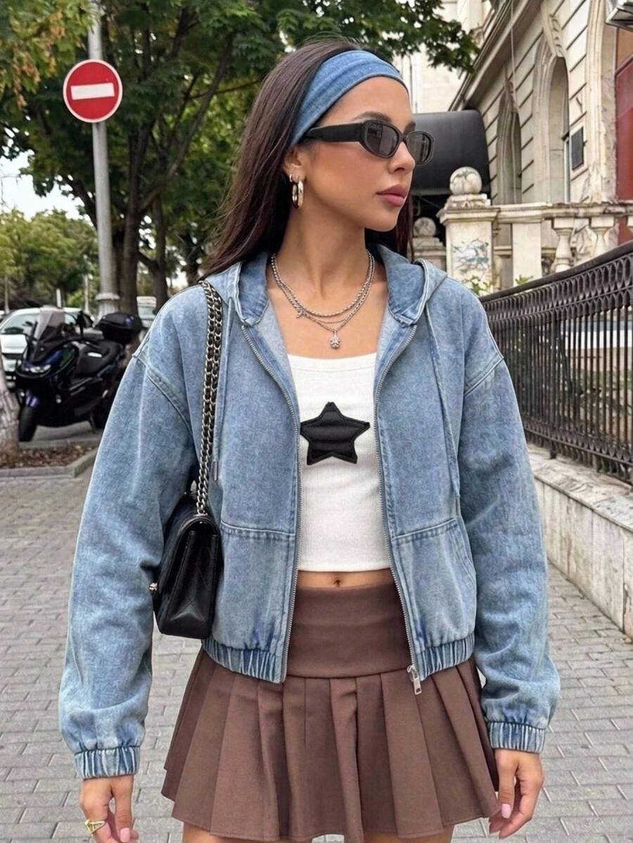 SHEIN Teen Girls Blue Denim Loose Hooded Long Sleeve Jacket - Blue - View 1