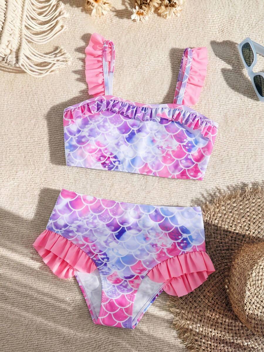 SHEIN Young Girl 2pcs Ruffled Swimwear Top And Swimshorts Set, Beach - Multicolor - View 1