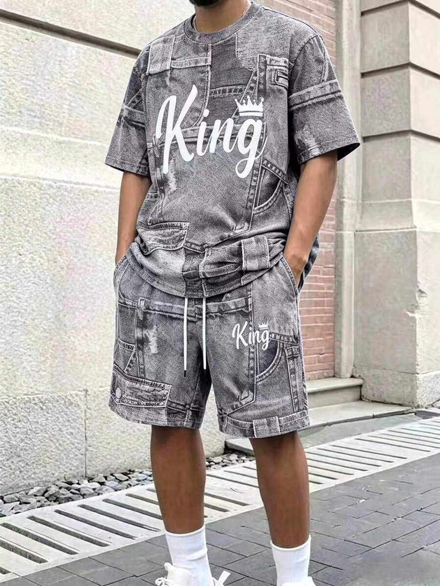 Manfinity Hypemode 男士丹寧效果字母印花休閒運動居家旅行兩件式短套裝 - 深灰色 - 查看 1