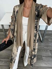 Yasmyna Women Modest Open Front Abaya+Hijab Botanical Print Lantern Sleeve Loose Long Kimono Outerwear - Khaki - View 5