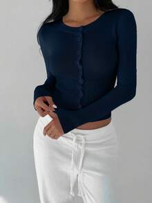 Flirla Women's Casual Fitted Long Sleeve Cardigan Sweater - Navy Blue - View 6