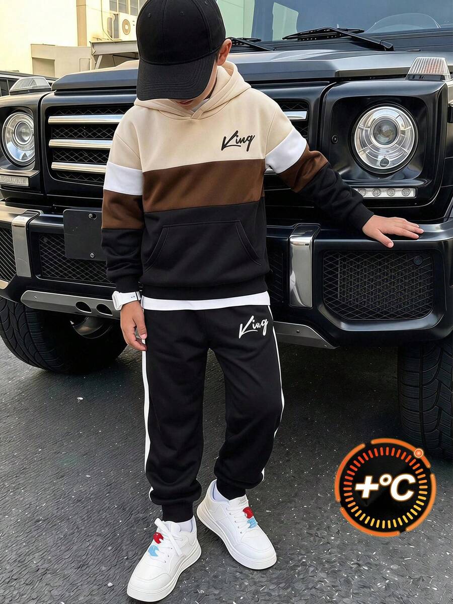 SHEIN Vacaura 大童男童抓絨內裡拼色連帽衛衣與慢跑長褲套裝,保暖休閒街頭風兩件套,附袋鼠口袋,適合秋冬 - 卡其色 - 查看 1