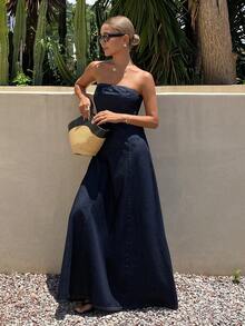 Livesso Bandeau Slim Fit Solid Color Split Line Women's Denim Dress - Dark Wash - View 4