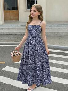 SHEIN Tween Girl Navy Ditsy Floral Dress, Suitable For Vacation, Teenage, Casual Wear - Blue and White - View 7