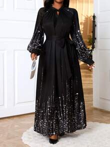 Fleurora Plus Size Women's Keyhole Neck Glitter Print Long Sleeve Tie Waist Dress, Elegant For Party And Occasions, Spring/Autumn/Winter Fall - Black - View 6