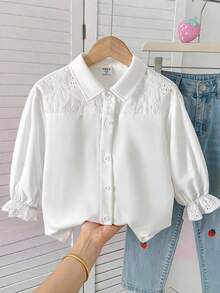 SHEIN Young Girl Moss 青少女寬鬆白色合身純色翻領休閒襯衫，青少女休閒長袖純色襯衫，時尚夏季休閒襯衫 - 白色 - 查看 2