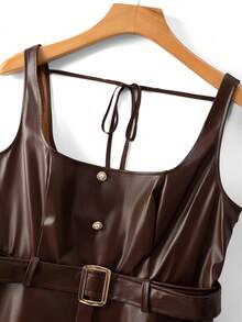 GlowEve CURVE Plus Size Square Neck Sleeveless Metal Buckle Button Dress, Party Gathering - Brown - View 4