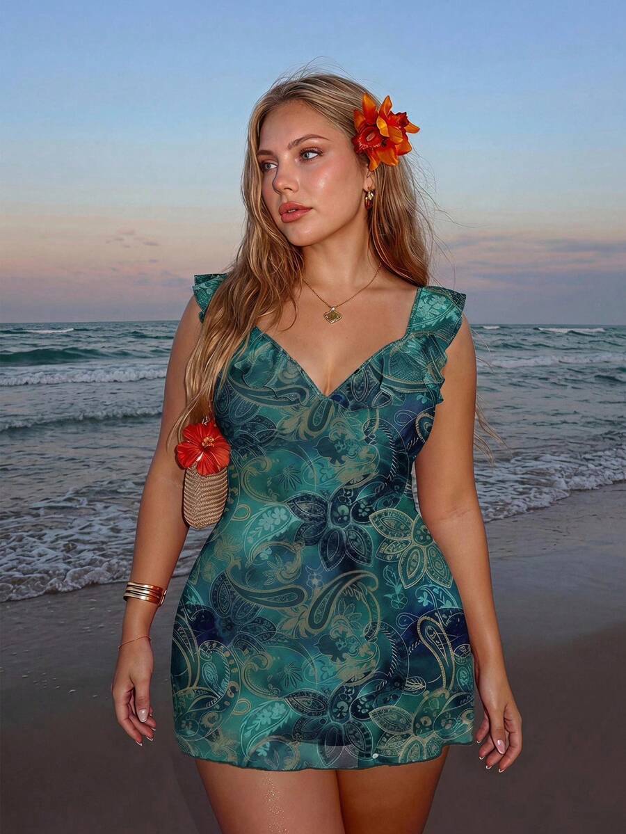 SHEIN ICON 大尺碼度假風佩斯利花卉印花洋裝 - 彩色 - 查看 1