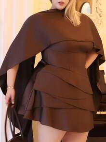 CHERRY TINTT SELECTION Plus Size Women Satin Asymmetrical Hem Adjustable Strap Backless Shawl Collar Dress, Autumn/Winter Elegant Summer - Coffee Brown - View 3