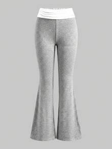 SHEIN 青少年女孩拼色休閒日常喇叭腿長褲 - 淺灰色 - 查看 3