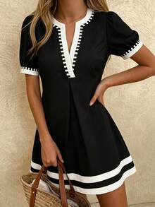 Louniche Women's Standard Size Colorblock Waist-Cinching Casual Commuter Dress, Spring/Summer - Black and White - View 5