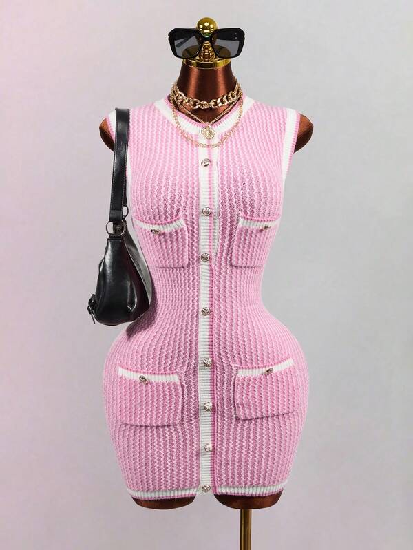 Mistrie Women's Textured Knit Sweater Dress With Metal Buttons, Pockets, Round Neck, Sleeveless, Fitted, Casual Elegant Sexy Outfit Dress