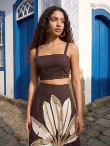 CAJUNI Chic Vacation Embroidery Golden Palm Tree Top And Skirt Coord - Brown - View 4