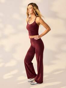 Aralina Leisurewear Active 2pcs Double Strap Criss Cross Back Cami High With Waist Flare Leg Body Sculpting Stretch Yoga Gym Pilates Activewear Two Pieces Set - Burgundy - View 7