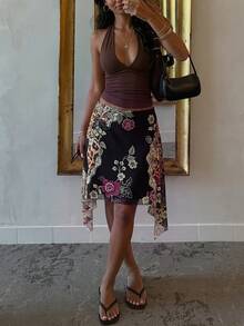 Aloruh 女款時尚優雅波希米亞風黑色條紋不對稱超低腰膝長修身貼身裙，喇叭下擺，適合度假海灘夏季 - 彩色 - 查看 2