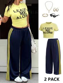 Muchica Spring/Summer Casual Embroidered Small Label Grey Plus Size Women 2 Pieces Set - Yellow - View 1