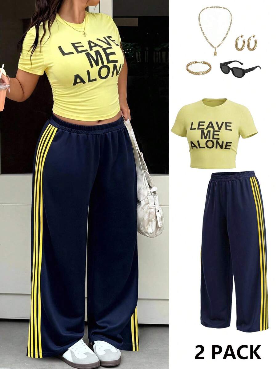 Muchica Spring/Summer Casual Embroidered Small Label Grey Plus Size Women 2 Pieces Set - Yellow - View 1