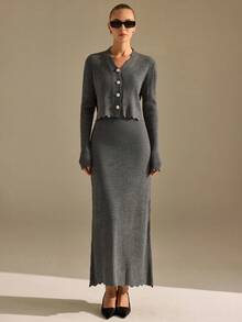 CLARA VERO Ribbed Button Cardigan Knit Skirt Set Office Light Grey Autumn Elegant - Grey - View 1
