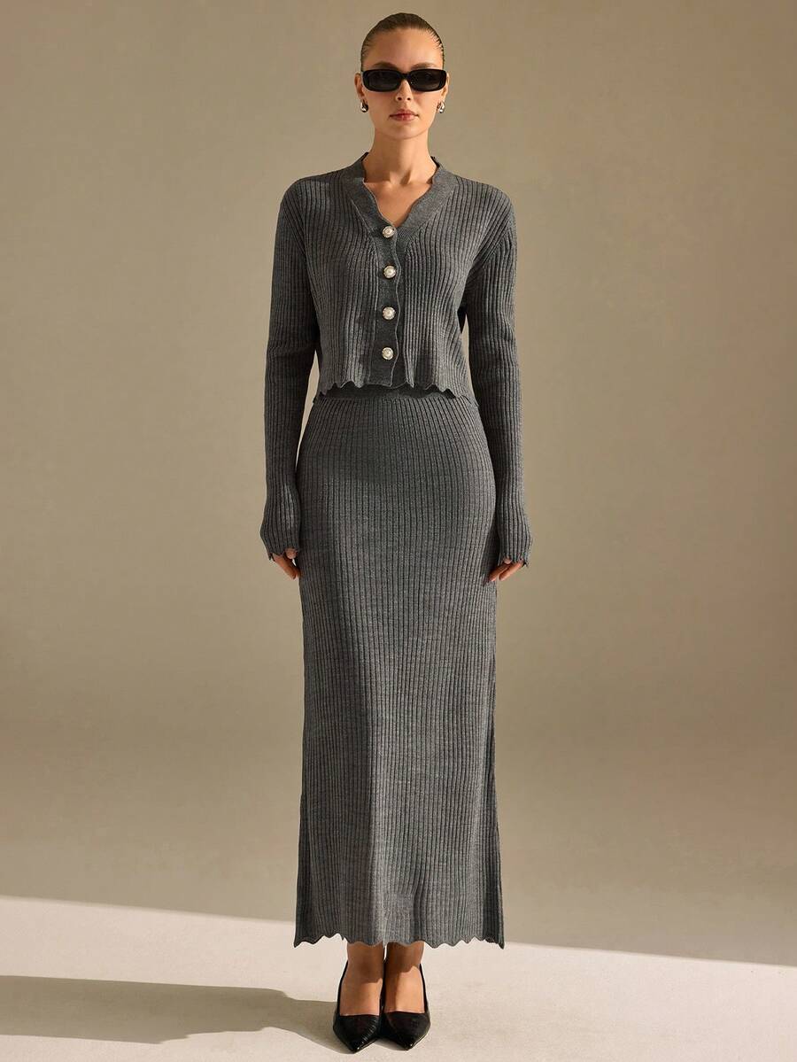CLARA VERO Ribbed Button Cardigan Knit Skirt Set Office Light Grey Autumn Elegant - Grey - View 1