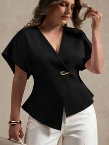 Elegantrix Plus Size Elegant Commuter Metal Decor Asymmetric Hem Shirt - Black - View 4
