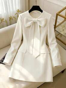 GlowEve Women's Solid Color Elegant Round Neck Bowknot Long Sleeve Dress - White - View 3