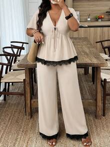 Weeklong Plus Size Women Spring/Summer V-Neck Lace Patchwork Knot Top And Wide Leg Pants Casual Daily Outfit Set - Apricot - View 7