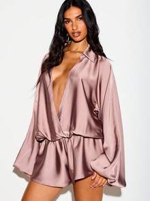 KIZN Macacão Romper de Cetim com Decote Profundo em V, Manga Bufante, Peça Única para Festa e Noite - Roxo - Visão 5