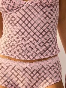 Aralina Women 2pcs Printed Plaid Check Mesh Cute Cami Tank And Shortie With Lace Trim Two Pieces Set - Pink - View 6