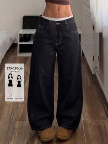 SHEIN Tall 女款素色腰帶直筒寬鬆休閒百搭牛仔褲 - 黑色 - 查看 1