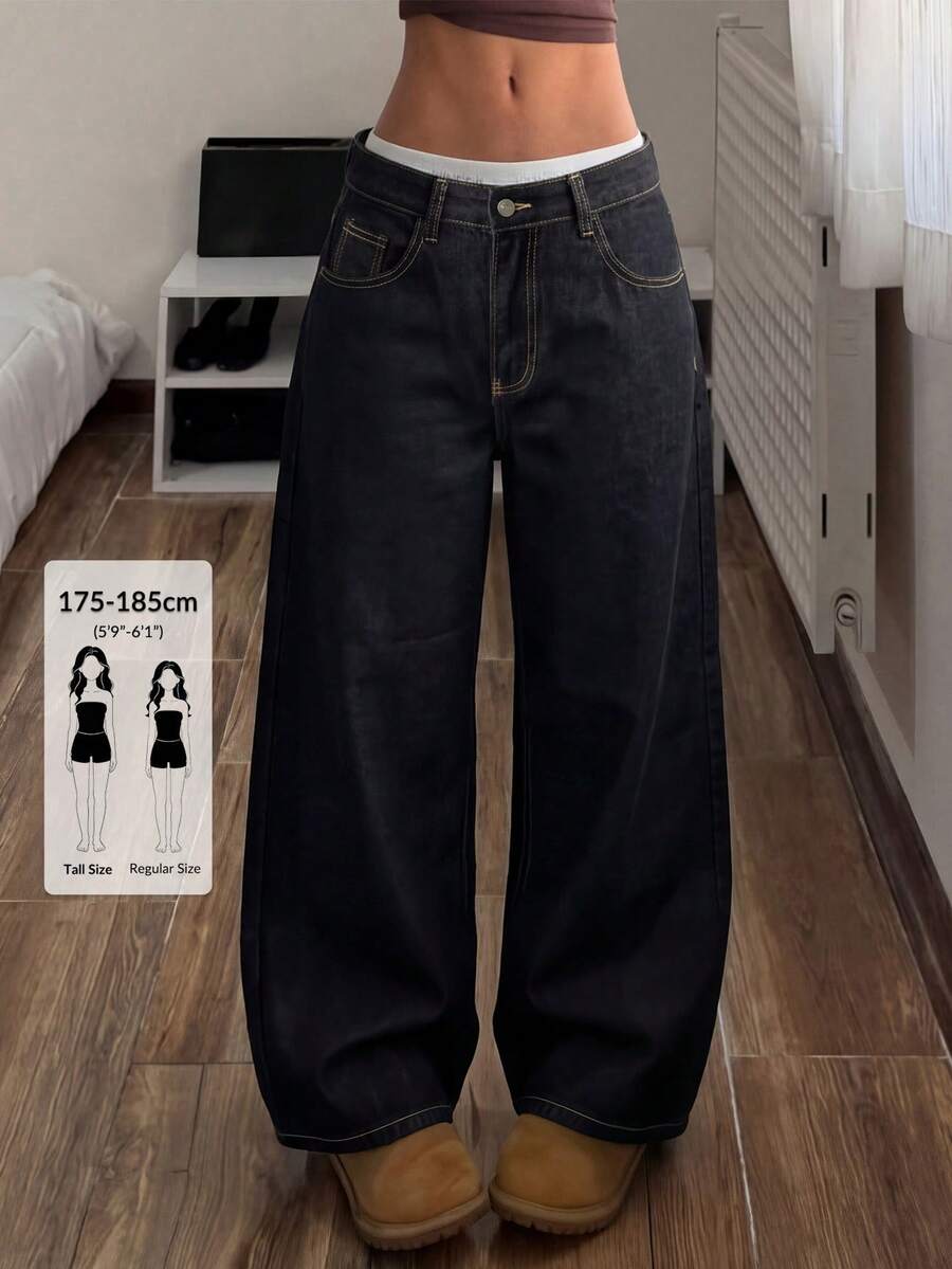 SHEIN Tall 女款素色腰帶直筒寬鬆休閒百搭牛仔褲 - 黑色 - 查看 1